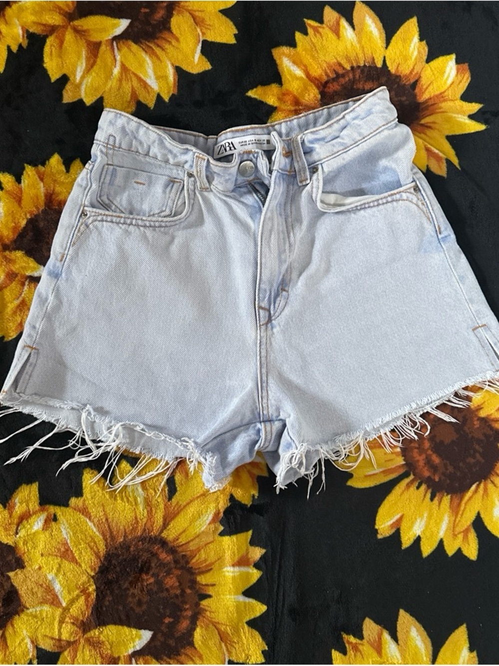 Zara Pale Blue High-Waist Frayed Denim Shorts